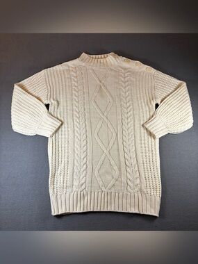 Cream Cable Knit Turtleneck Sweater with Shoulder Buttons
